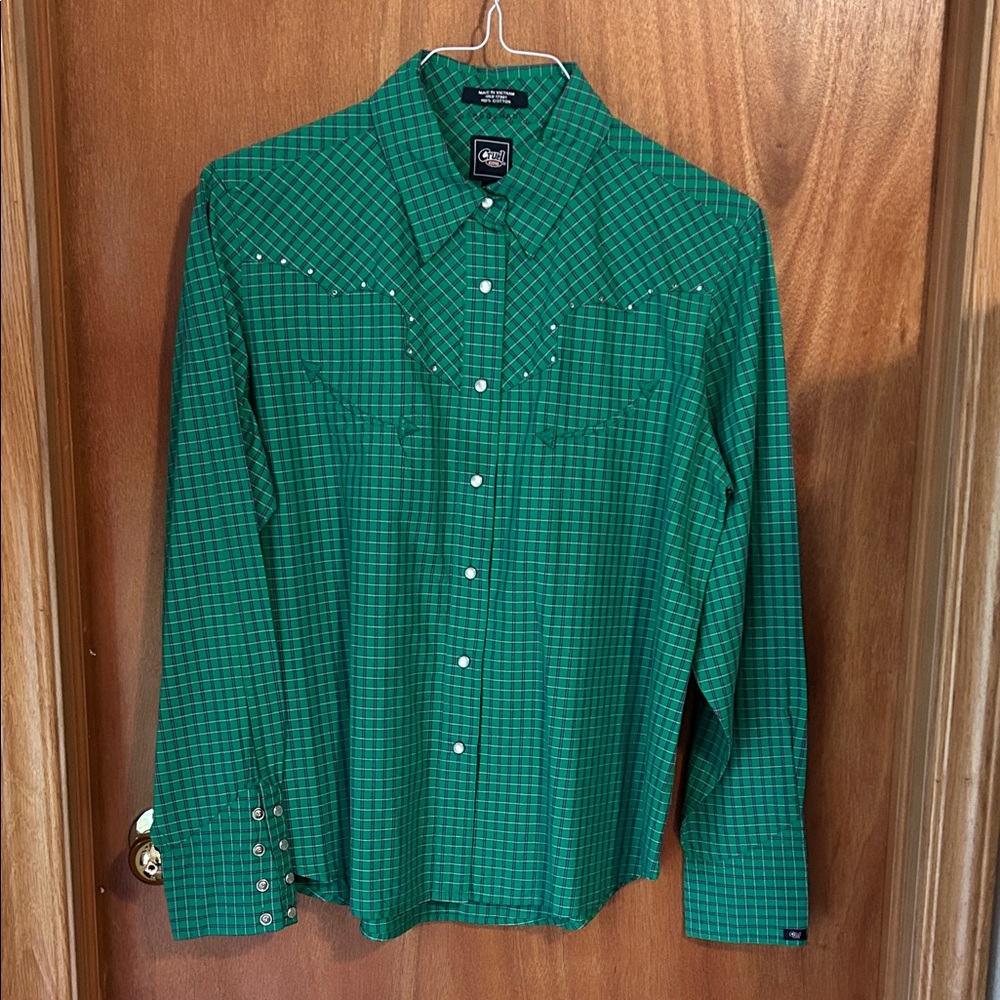 Women’s Cruel Girl Western Green and Purple Plaid Pearl Snap Shirt size large
